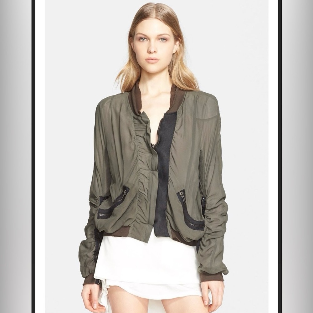 Haider Ackermann Green Ruffled Bomber Jacket, M